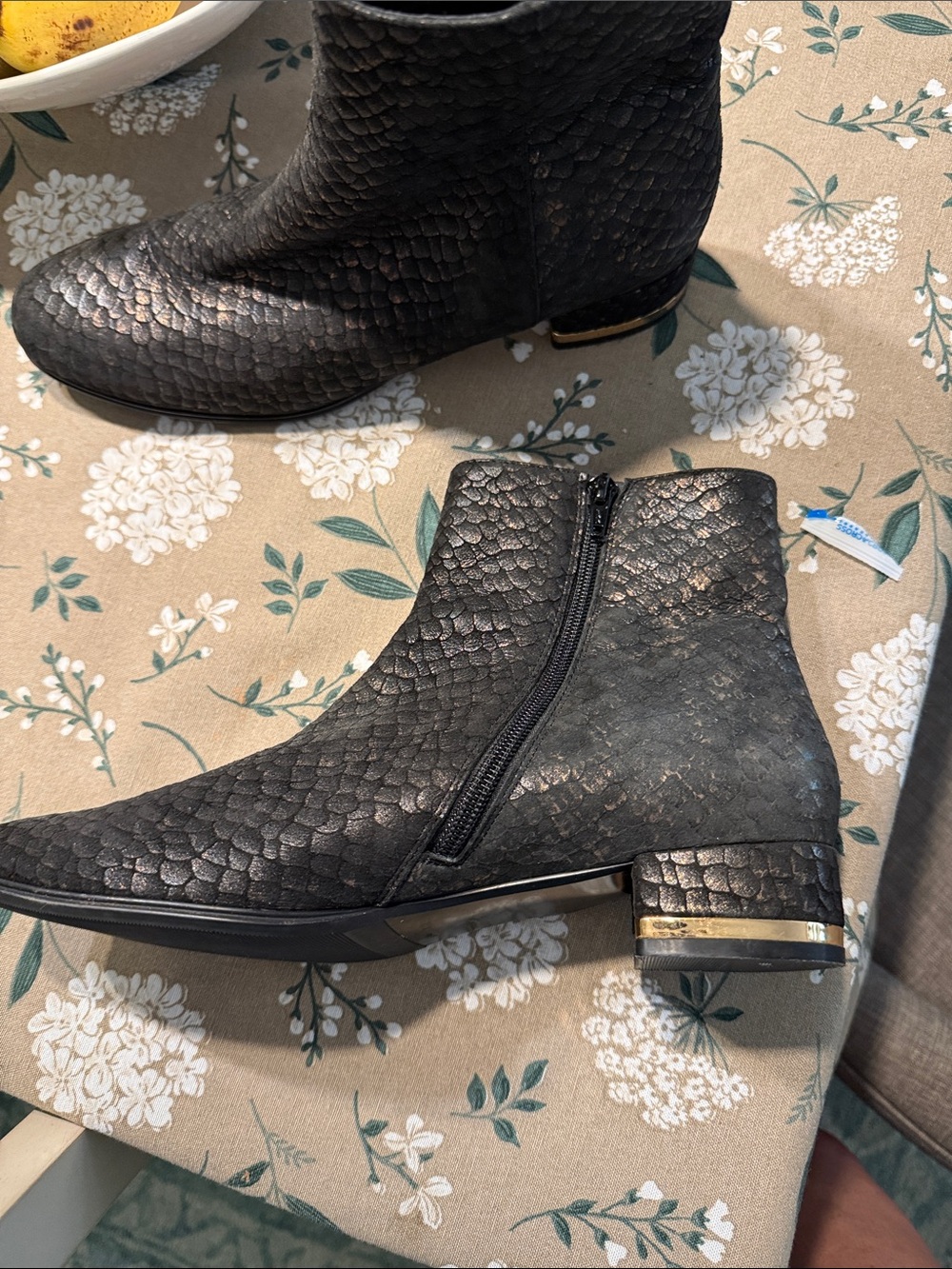 Van Eli Black Textured Ankle Booties with Gold Heel Accent